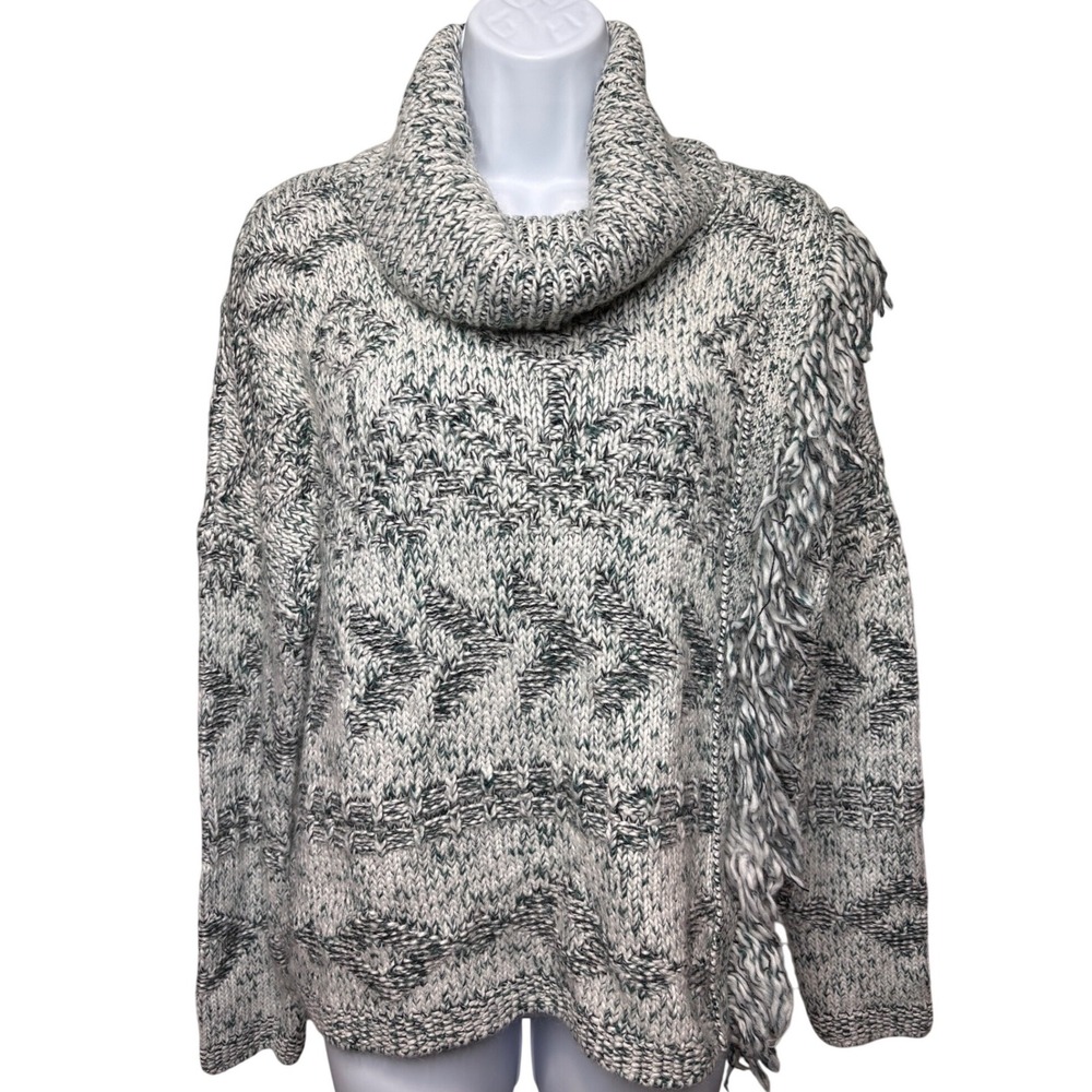 LUCKY BRAND Womens Gray Fair Isle Chunky Cowl Neck Sweater M Fringe Cabin Nordic